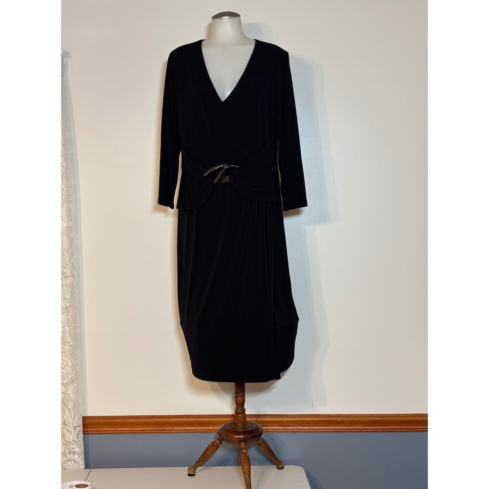 Susan Graver Midi Dress Women Large Black Faux Wrap V-Neck Good Preowned